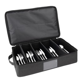 Kingshion Flatware Storage Case-5 Compartment Silverware Storage Container Box with Removable Lid and Easy to Carry Handles,Cutlery Storage Holder with Zipper Lid for Organizing Cutlery
