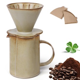 AZYM Pour Over Coffee Maker,V60 Coffee Dripper Set with 20 Count Paper Coffee Filters,Four-Leaf Clover-Shaped Drip Coffee Maker,Vintage Ceramic Carafe,for Home Brewing,Camping,17.5 oz (Yellow)