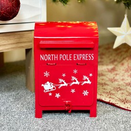 Christmas Post Box 15x23cm North Pole Express Red Metal Xmas Cards List Letters Decor