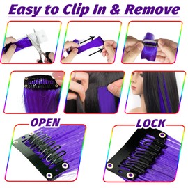 Clip-In Hair Extensions, Purple Coloured Hair Strands, Party Highlights, Straight Long Hairpieces, Rainbow Hair Accessories for Women, Girls and Children, 55 cm, Pack of 16