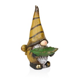 Alpine Corporation MCC854 Vintage Gnome Holding Leaf Bird Feeder with Hat, Playful Decor for Garden & Patio, 19" H, Yellow