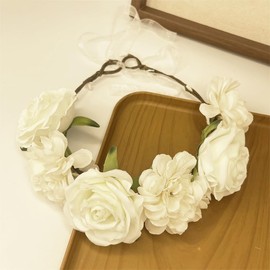 Yheahin Rose Flower Crown Headband for Women Handmade Floral Wreath Hair Band Beach Bridal Wedding Party Flower Headpiece Photo Props (White, Adjustable)