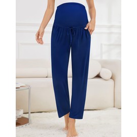 SWOMOG Women's Maternity Pants Over The Belly Pregnancy Pants Stretchy Lounge Wide Leg Palazzo Trousers with Pockets Navy Blue