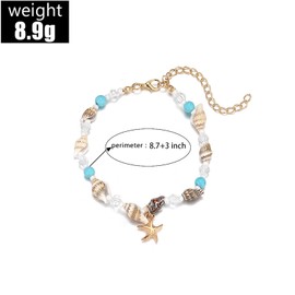 KONPJE Beach Puka Shell Anklet for Women Waterproof Beaded Ankle Bracelets Adjustable Starfish Seashell Pearl Foot Chain Boho Jewerly Present for Summer Beach Party (Blue)