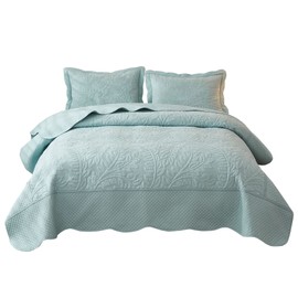 MarCielo 3-Piece 100% Cotton Oversized Bedspread Set Coverlet Set Lightweight Quilt Set Embroidery Farmhouse Bedding Set T0 (Mint Green Blue, Queen (100"x106"))
