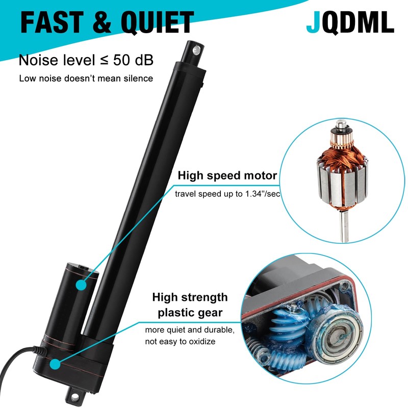 JQDML 6 Inch High Speed 1.34"/sec Linear Actuator 12V 88lbs/400N