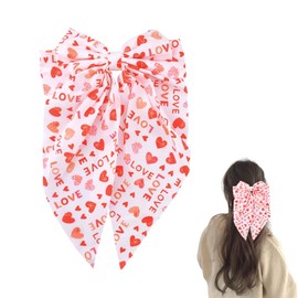 Heart Print Bow Hair Clips Decorations for Women Long Tail Ribbon Hair Bows Decor for Girls Large Bowknot Barrettes Satin Red Love Heart Pattern Bow Clip Oversize Ribbon Clips Accessories