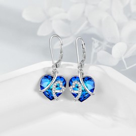 AOBOCO Women's Heart Earrings, 925 Sterling Silver Hoop Earrings, Dangle with Blue Crystals, Birthday Gifts for Wife Mother, Sterling Silver, Opal