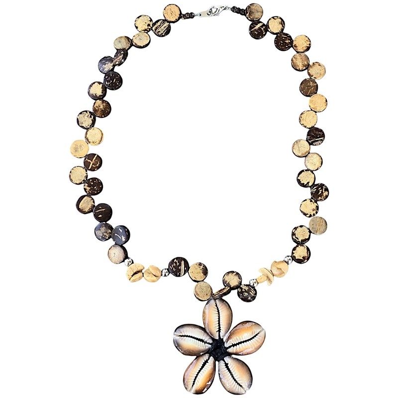 BlueRica Kaput Shells Flower on Brown Coconut Shell Disc Beads