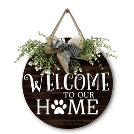 Cryfox Welcome To Our Home Door Wreath Wooden Welcome Door Sign for Porch Wall Outdoor Decoration Door Hanger 12 Inch