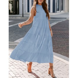 HAEOF Womens 2025 Summer Casual Sleeveless Halter Maxi Dress Pleated Tiered Swing Beach Vacation Long Dresses Sundress(Light Blue, S)