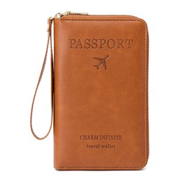 DAITET Passport Holder for Women Men RFID Blocking Travel Wallet Passport Holder Card Slots Document Organizer Wrist Strap, Stylish brown yellow, Retro