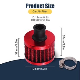 WINUERK Air Filter Cold Air Intake Filter Breather, 12mm Mini Turbo Vent Air Intake Filter Cleaner, Universal Car Accessories Replaces Air Filters Fit for Car Motorcycle Go Kart (Red)