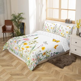Homemissing Yellow Flowers Pattern Duvet Cover Set Double Size for Girls Adults Women Kids Butterflies Print Bedding Set Garden Flower Comforter Cover with 2 Pillowcases Nature Theme Zipper
