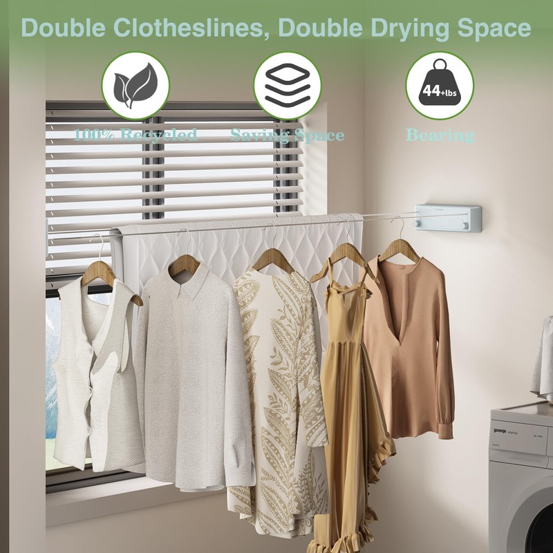 Danpoo Retractable Clothesline, 2x13.8ft 304 Stainless Steel Clothes Line for