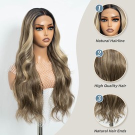 REBECCA STYLE Long Brown Wavy Wigs for Women 28 Inch Middle Part Curly Wavy Wig Natural Looking Long Wave Synthetic Lace Front Wigs Glueless Heat Resistant for Girls Daily Party