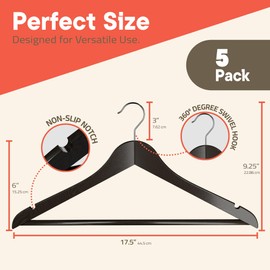 Vintage Wooden Hangers 5 Pack – Heavy-Duty with 360° Swivel Hook, Non-Slip, Pants Bar & Shoulder Grooves - Wooden Hangers for Suits, Jackets, Dresses & Camisoles, Space-Saving and Smooth Finish