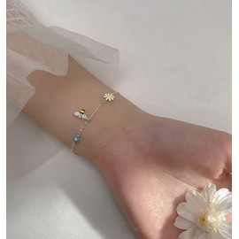 Cute Daisy Flowers Honeybee Bracelets 925 Sterling Silver Cubic Zirconia Crystal Colorful Sunflower Bumble Bee Link Chain Adjustable Bracelet Dainty Birthday Jewelry Gifts for Women Daughters Girlfriend