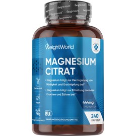 Magnesiumcitrat gepuffert - 240 vegane Kapseln - 444mg Elementares Magnesium pro Portion - 4 Monate Vorrat - Magnesium Citrate Capsules - Alternative zu Tabletten oder Pulver - von WeightWorld
