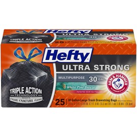 Hefty Ultra Strong Multipurpose Large Trash Bags, Black, White Pine Breeze Scent, 30 Gallon, 25 Count (Pack of 3)