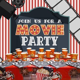 Huaxintoys Film Night Birthday Tableware Set, Film Party Birthday Set Including 16 Dessert Plates, 16 Cups, 20 Napkins and 1 Tablecloth for Birthday Parties and Film Night Theme Parties