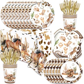 141Pcs Western Cowboy Birthday Party Decorations for 20 Guests - Wild West Party Supplies Plates and Napkins Cups Forks Cutlery Tablecloth Western Cowboy for Baby Shower Decorations