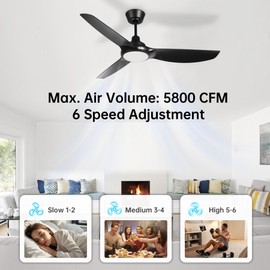 OFANTOP 52 Inch Ceiling Fans with Lights and Remote, Black Ceiling Fan with Dimmable Light 3 Blades for Master Bedroom Liviing Room, 6 Speed Quiet Reversible DC Motor