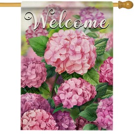 Hzppyz Welcome Spring Summer Hydrangea House Flag Double Sided, Pink Floral Flower Decorative Garden Yard Outdoor Large Decor, Seasonal Burlap Home Outside Decoration 28 x 40