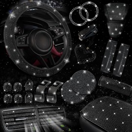 NBTEPEM 30 Pcs Black Bling Car Accessories Set for Women, Steering Wheel Cover Set, Bling Console Cover, Seat Belt Cushion, Shift Knob Cushion, Cup Holder Coaster, Rhinestone Car Hanging Accessories