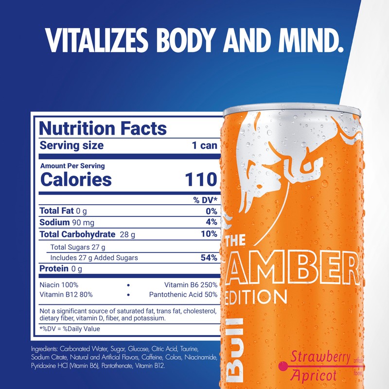 Red Bull Amber Edition Energy Drink, Strawberry Apricot, with 80mg