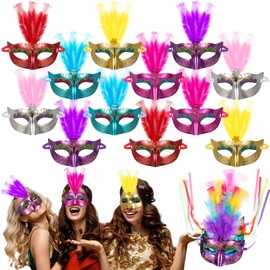 VioraWhite 60 Pack Multicolored Masquerade Mask Gold Shining Plated Mardi Gras Mask for Purim Mardi Gras Wedding Party(Glitter Feather)
