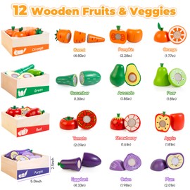 WOODMAM Wooden Play Food for Toddlers, Color Food Groups, Fruit & Veggies Cutting Set, Pretend Play Food Kitchen Accessories for 3 4 5 6 7 Years Old Boys & Girls