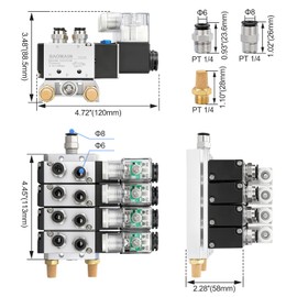 Baomain 4 Station Solenoid Valve Manifold, 12V DC 5 Way 2 Position Pneumatic Air Valve, Four Solenoid, 1/4" PT Port, Includes Manifold Base & Mufflers, 4V210-08