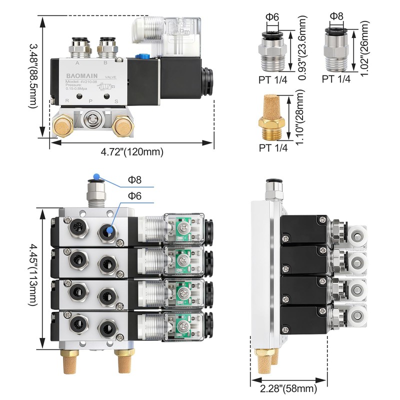 Baomain 4 Station Solenoid Valve Manifold, 12V DC 5 Way