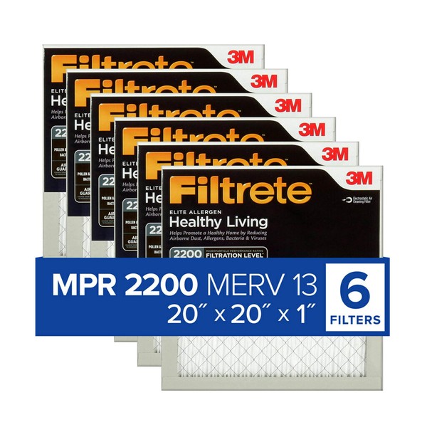 Filtrete 20x20x1 Air Filter, MPR 2200, MERV 13, Healthy Living Elite Allergen 3-Month Pleated 1-Inch Air Filters, 6 Filters