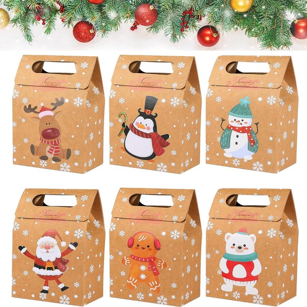 Christmas Kraft Gift Bags, Pack of 24 Christmas Gift Bags, Kraft Paper Packaging, Christmas Gift Paper Bags with Handle, Santa Gift Bag, Tote Bag for Gifts Party