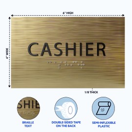 ADA CENTRAL SIGNS - 6" X4" Cashier Sign - ADA Compliant Tactile Graphics Grade 2 Braille Text Reception Desk Wall Sign | Customers Pay Delivery Cash, Front Counter, Lobby Checkout Sign for Hotel, Bank