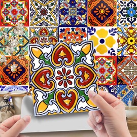 Mexican Tiles, Pack of 24, Vintage Moroccan Designs, Bathroom and Kitchen Tiles Decoration, Shower Stairs Kitchen Back Wall (20 x 20 cm)