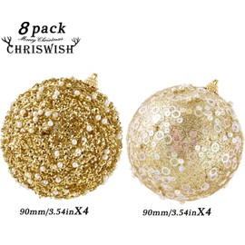 ChrisWish 8CT Christmas Ball Ornaments, Gold Christmas Ball Decorations Shatterproof Plastic Hanging Pearl Balls for Holiday Party(90mm/3.54")