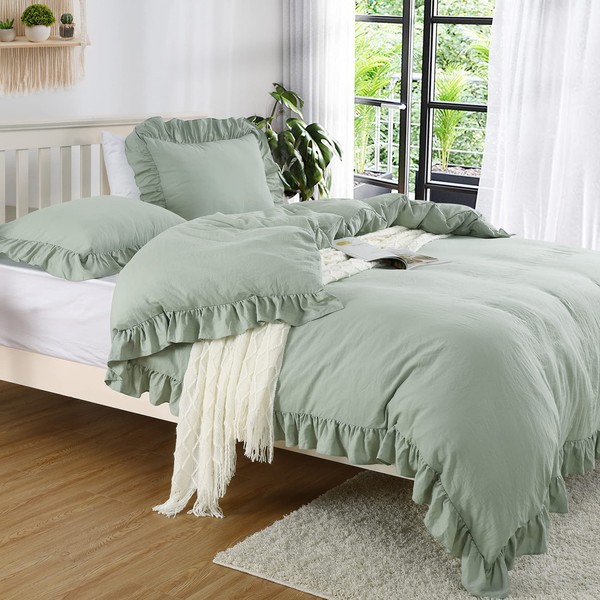 Ruffle Duvet Cover Queen Size, 3PCS Soft Washed Microfiber Vintage French Country Duvet Cover Set for Queen Bed, Sage Green, 90x90 in
