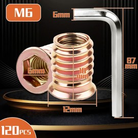 TXXATX Pack of 120 Screw-in Nuts M6 x 10 mm Threaded Insert Wood Screw Nuts M6 Threaded Sleeve with Allen Wrench Hexagon Socket Threaded Sleeves for Pine Plywood Composite Panels Furniture