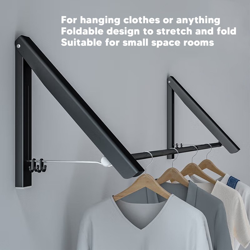 Retractable Clothes Rack Black Foldable Design Aluminium Wall Mounted Clothes