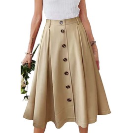 HERBATOMIA A-line Pleated Midi Skirt Elastic Waist Casual Flared Button Front Long Khaki Skirts with Pocket for Women