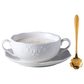 Jusalpha White Embossed Ceramic Bowl With Double Handles and Saucer - Dessert/Soup/Cereal (10 OZ) (1 Set)