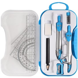 BJAINGEXK Geometric Design Mathematical Compass 10-Piece Set, Including Compass, Protractor, Pencil, Eraser, Pencil Sharpener, Triangle, Triangle, 6-inch Ruler, Lead core, Storage Box (Blue)