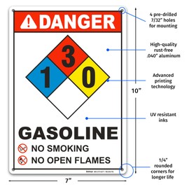 Brimar - 7" x 10" - NFPA Gasoline 1-3-0 Sign - .040″ Rust-Free Aluminum - Hazard Warning - Bold Text