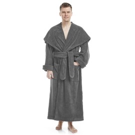 Arus Men's Big & Tall Long Monk Robe Hooded Full Length Turkish Cotton Bathrobe, Large, Gray