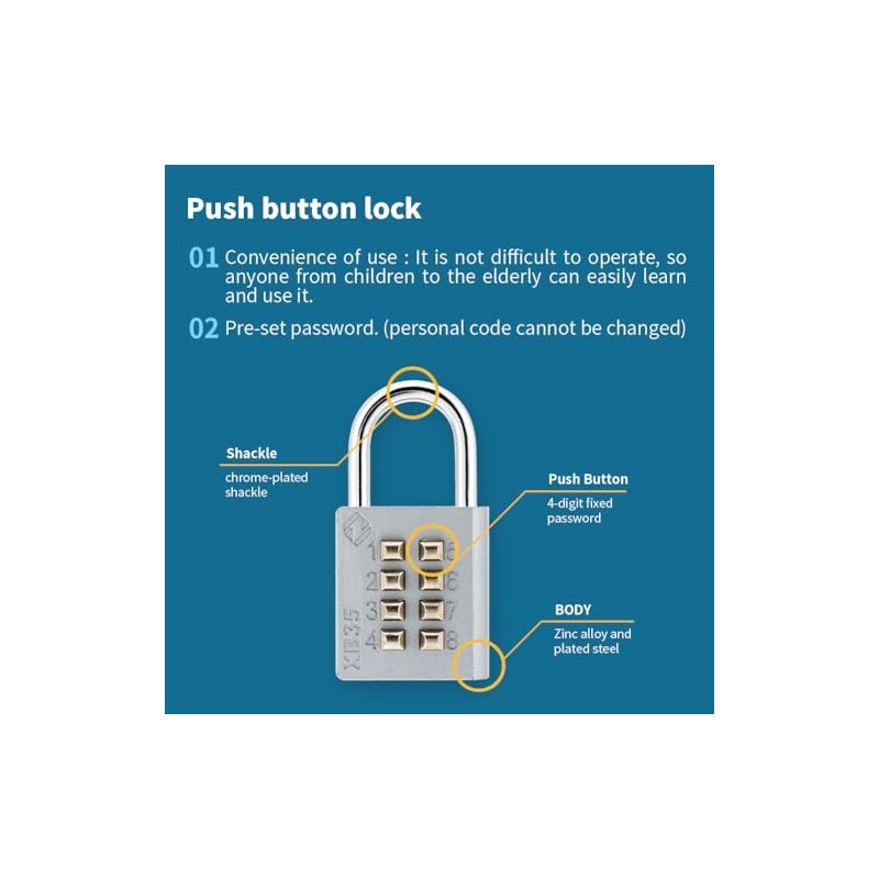 Zarker XB35 8-Digit Push Button Combination Padlock, 4 Digit Locking