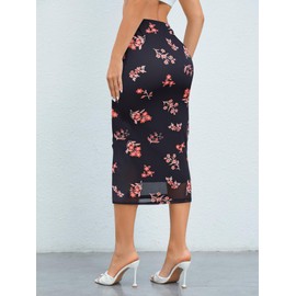 Milumia Women's Ditsy Floral Mesh Split Hem Long Skirt High Waisted Boho Midi Skirts Multi Black Red Large