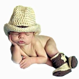 Qyeaber Newborn Photography Props Baby Boy Handmade Crochet Knitted Costume Cowboy Style Hat & Boots Brown & White (Cowboy)